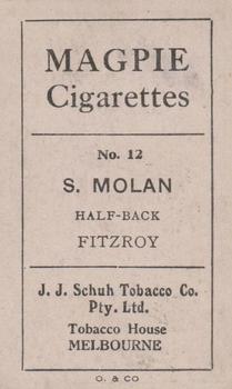 1921 J.J.Schuh Magpie Cigarettes Australian Footballers - Victorian League #12 Stan Molan Back